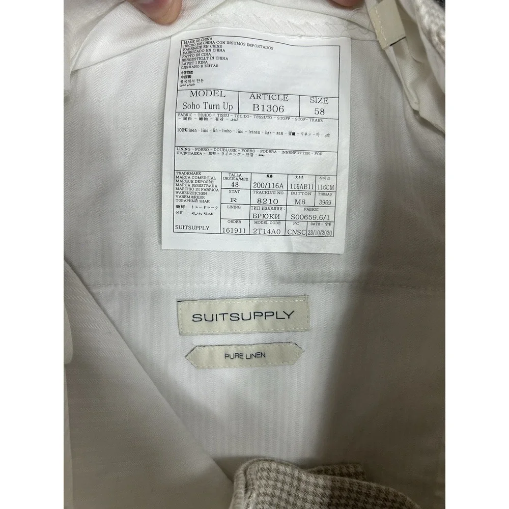 Suitsupply Dress Pants 38x33 Houndstooth Soho Turn Up Solbiati Linen Trousers